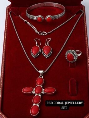 Red Coral Cross Pendant Necklace & Jewelry Set